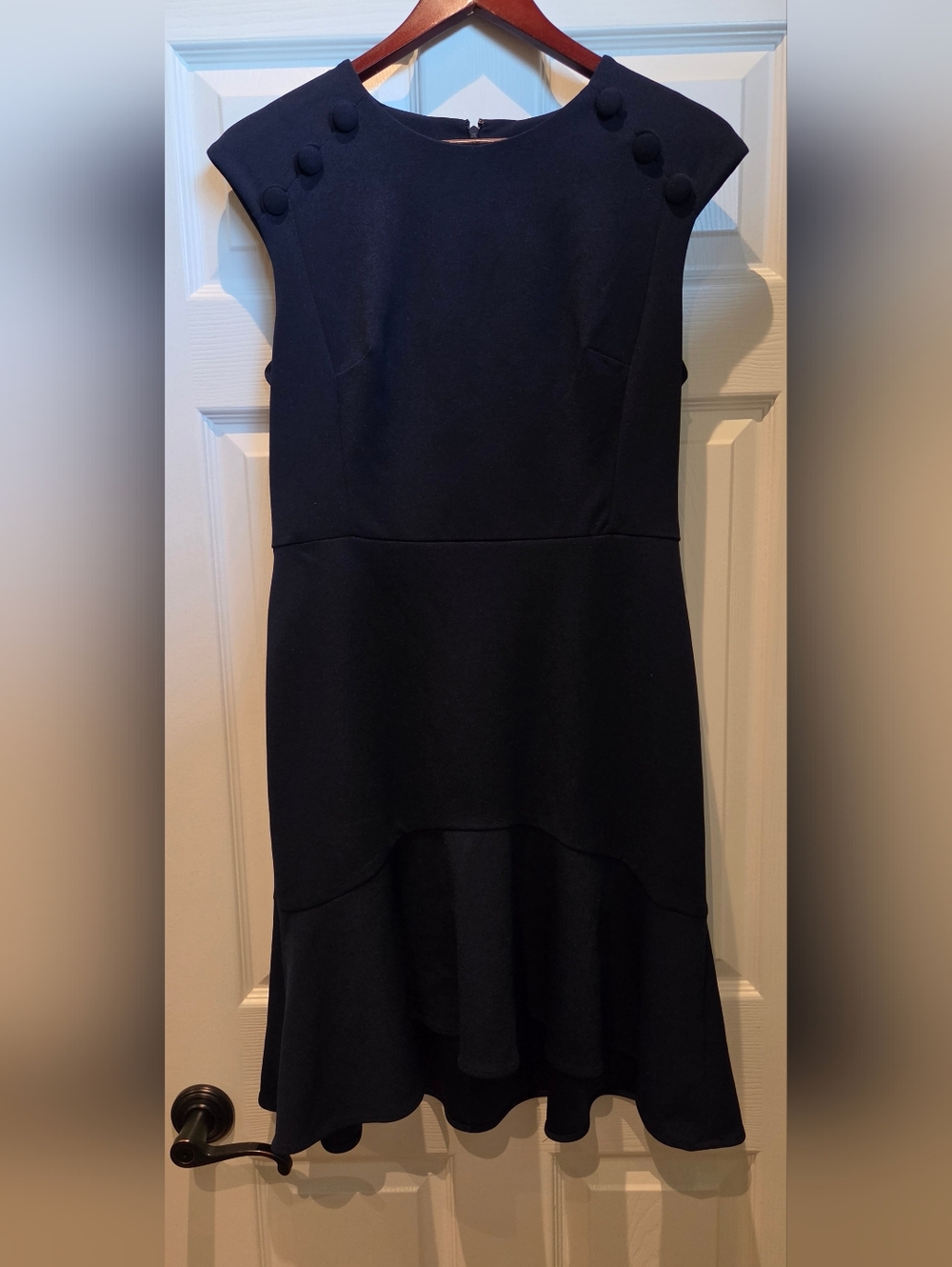Calvin Klein Dark Navy High-Low Cap Sleeve Dress With Covered Button Detailing
